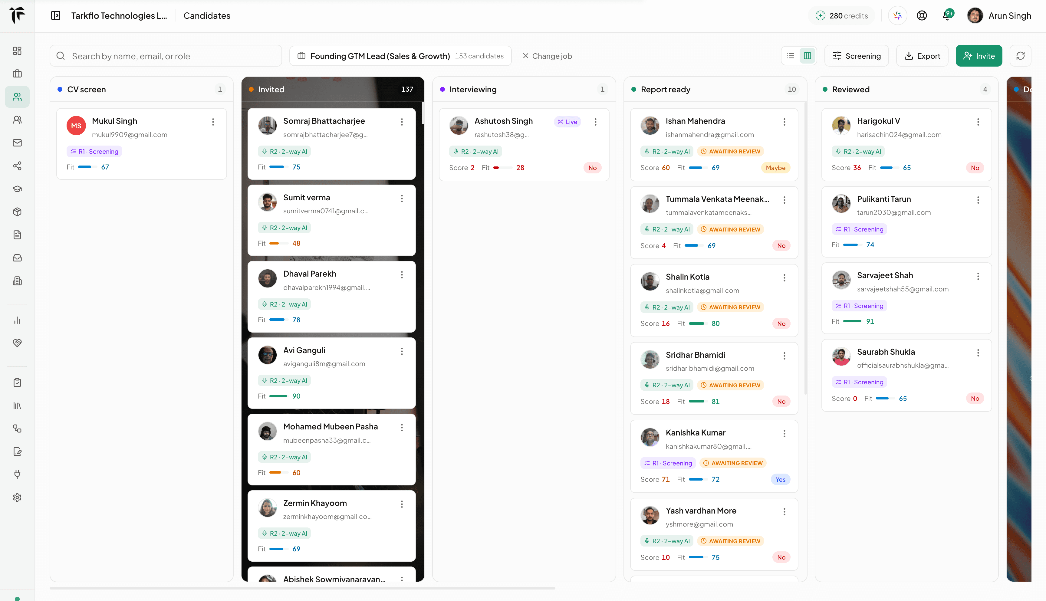The Tarkflo candidates board: applicants across screening, interview and review stages, each card showing its FitScore and stage