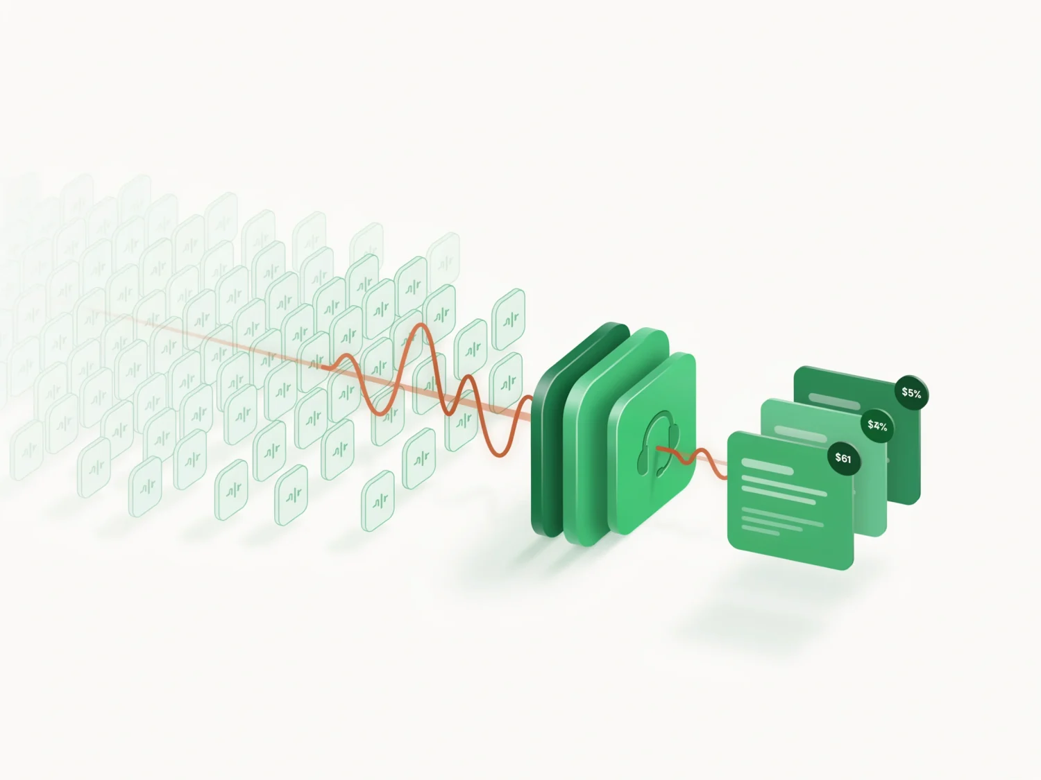 A grid of voice-interview tiles converging through a headset hub into a ranked shortlist