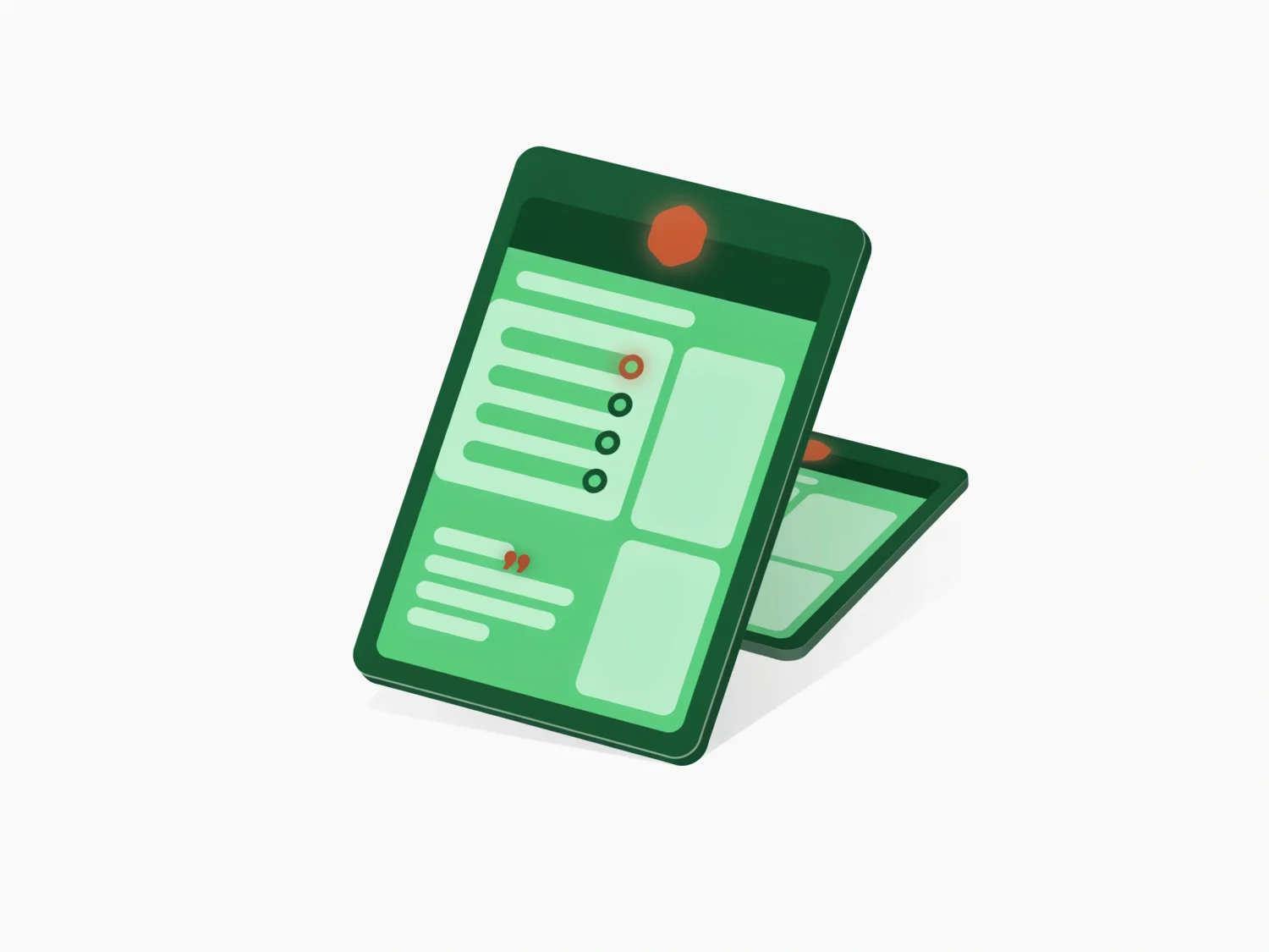 A branded submission report card with a brand seal, a scorecard of rated bars, transcript evidence, and a side-by-side comparison card behind it.