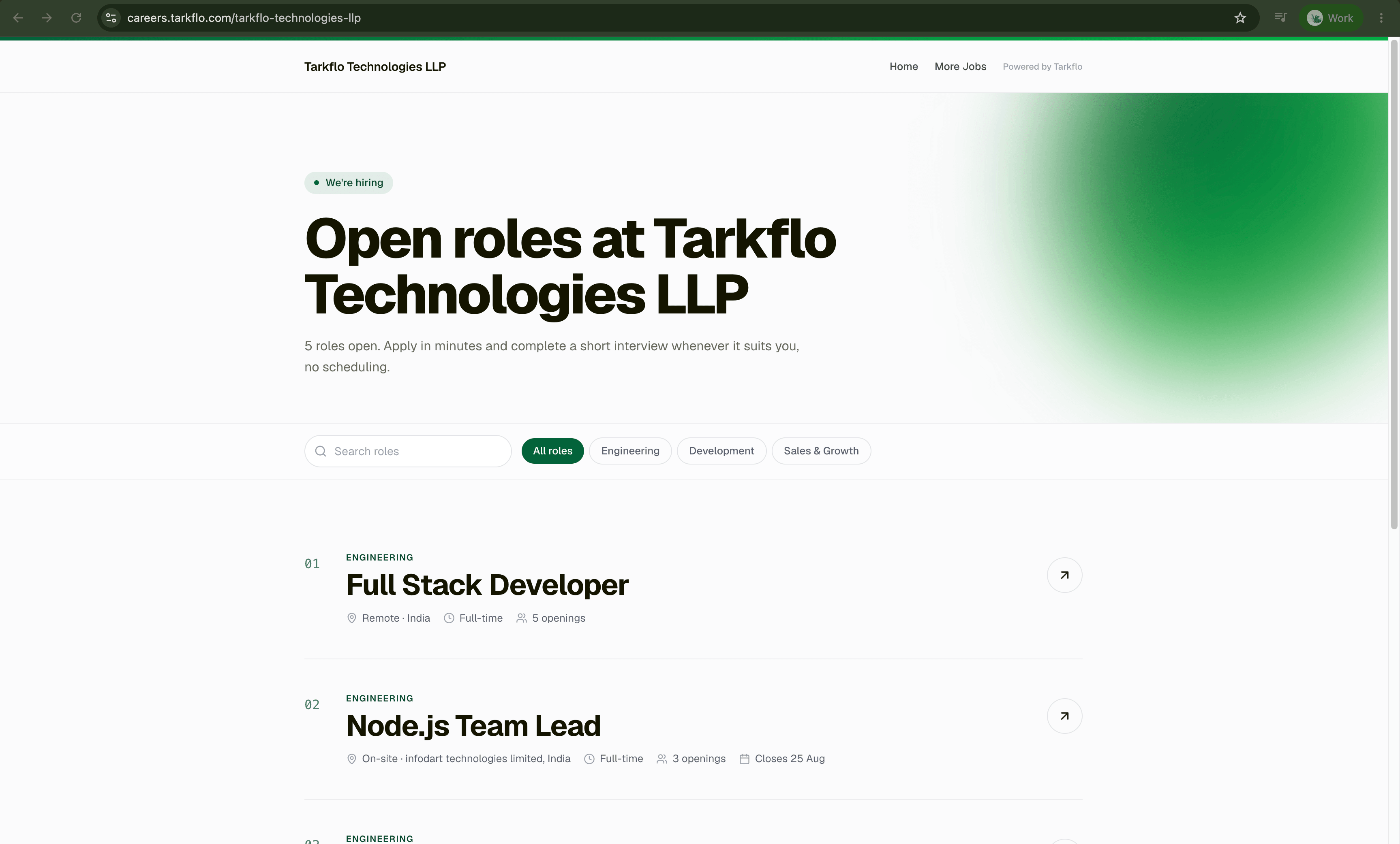 A branded careers page at careers.tarkflo.com/tarkflo-technologies-llp: "Open roles at Tarkflo Technologies LLP", five roles with search and category filters, Full Stack Developer and Node.js Team Lead listed