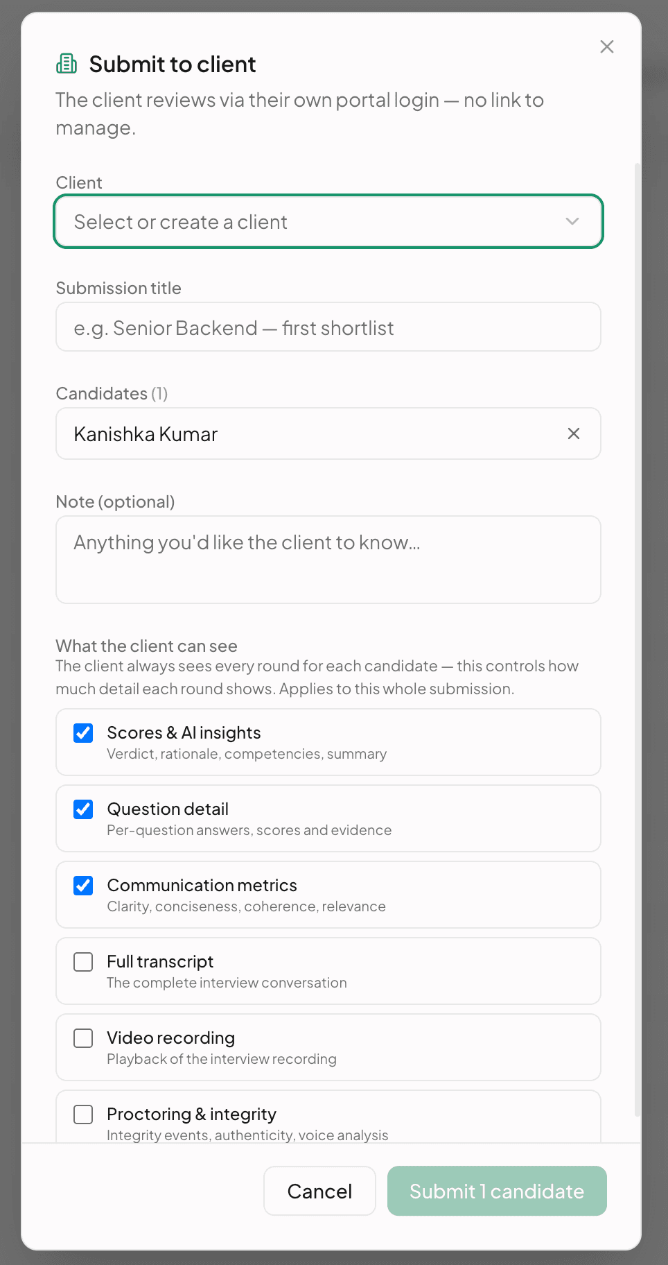 Submit to client: choose the client, title the submission, the candidate, a note, and what the client can see: scores and AI insights, question detail, communication metrics, transcript, recording, proctoring