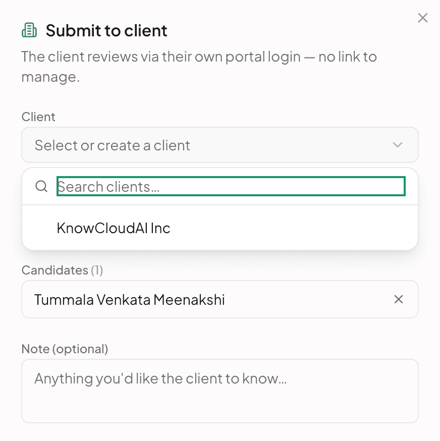 The Client dropdown open inside Submit to client, with a search field and an existing client to pick