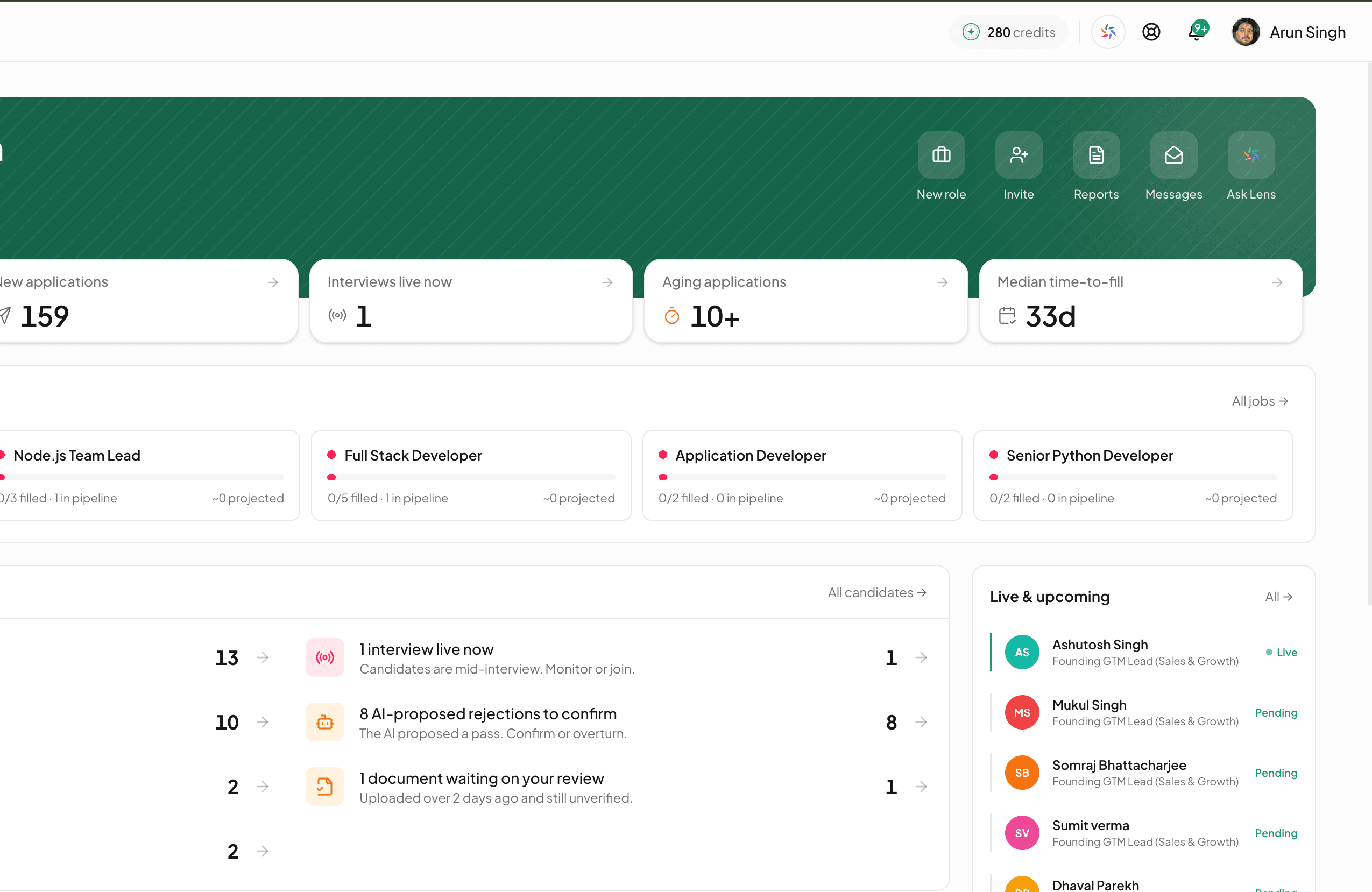 The Tarkflo Hire dashboard: 159 new applications, 1 interview live, open roles, and an Ask Lens action in the header