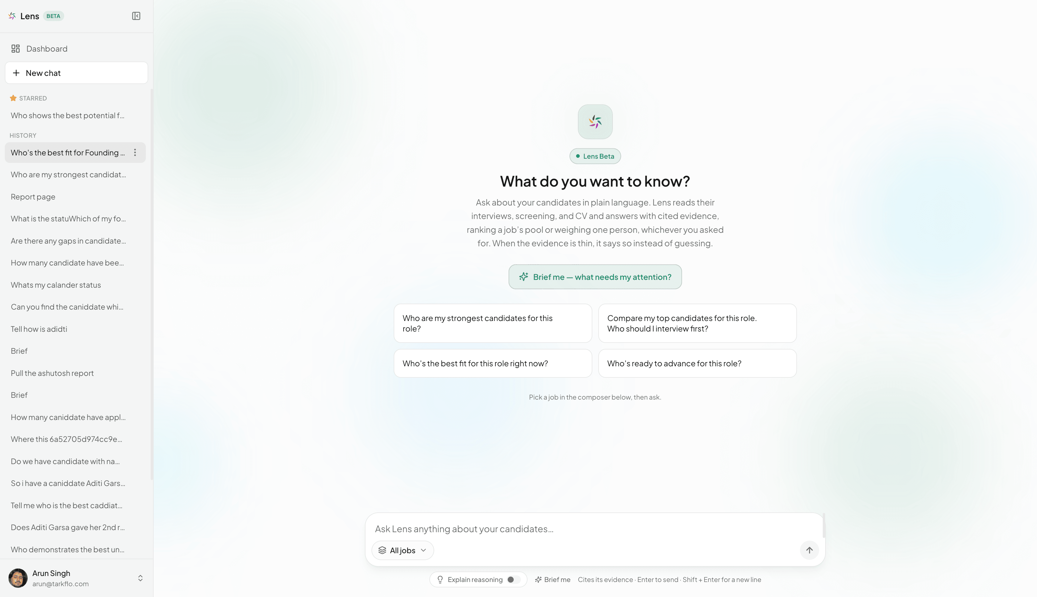 Lens, ready for a question: "What do you want to know?", suggested questions about a role's candidates, and a composer scoped to all jobs, with past conversations in the sidebar