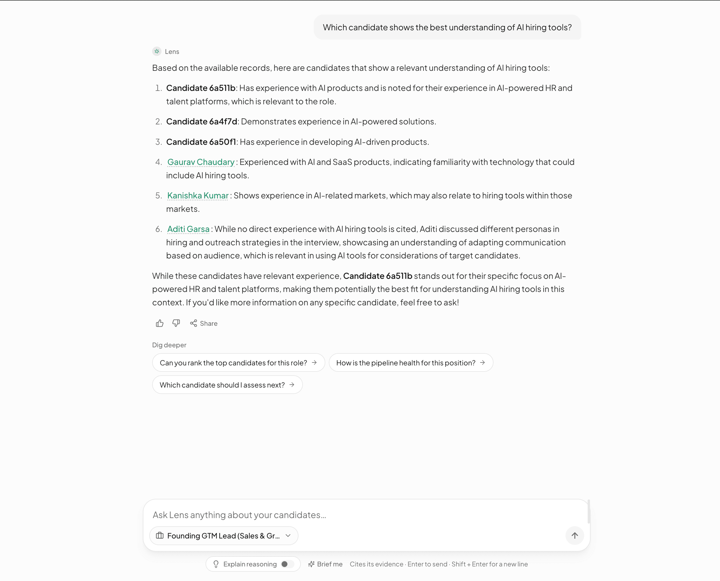 Lens answers "Which candidate shows the best understanding of AI hiring tools?" with a ranked list of six candidates and why, each name linked to their record, then follow-up questions to dig deeper