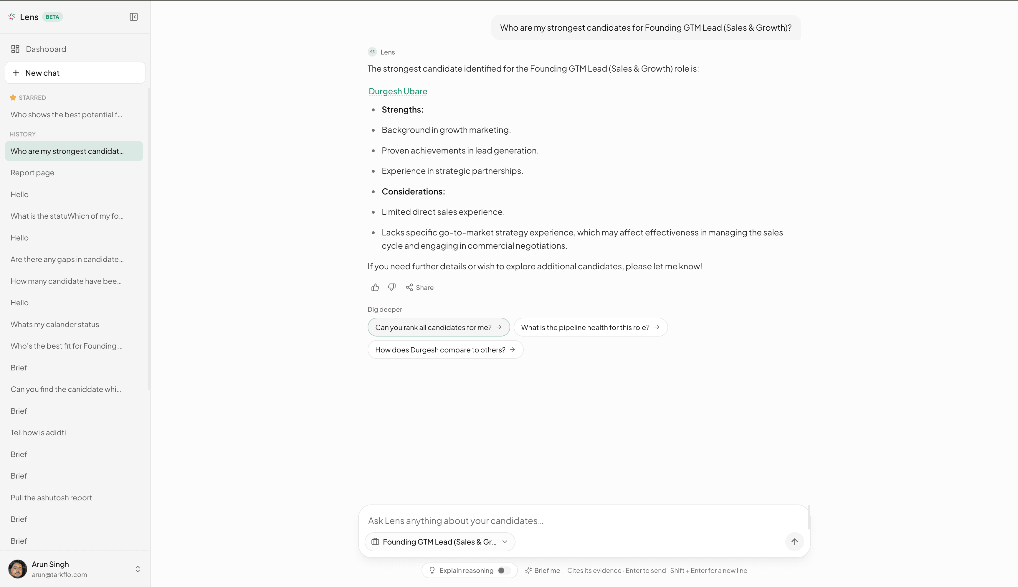 Lens answers "Who are my strongest candidates for Founding GTM Lead?" with one named candidate, their strengths and considerations, and follow-up questions to dig deeper