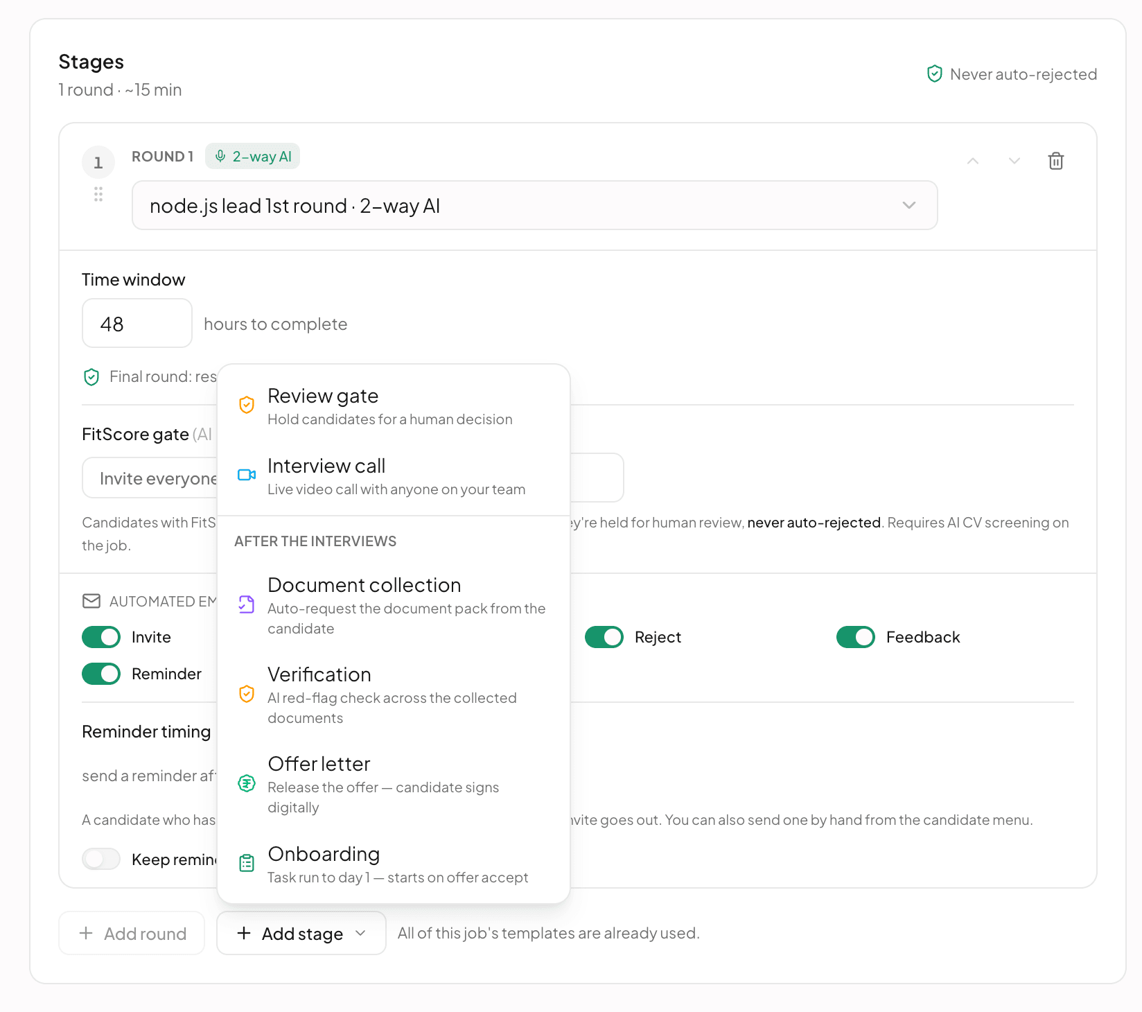 Workflow builder, Stages: round 1 is a 2-way AI interview; the Add stage menu is open, listing Review gate, Interview call, Document collection, Verification, Offer letter and Onboarding