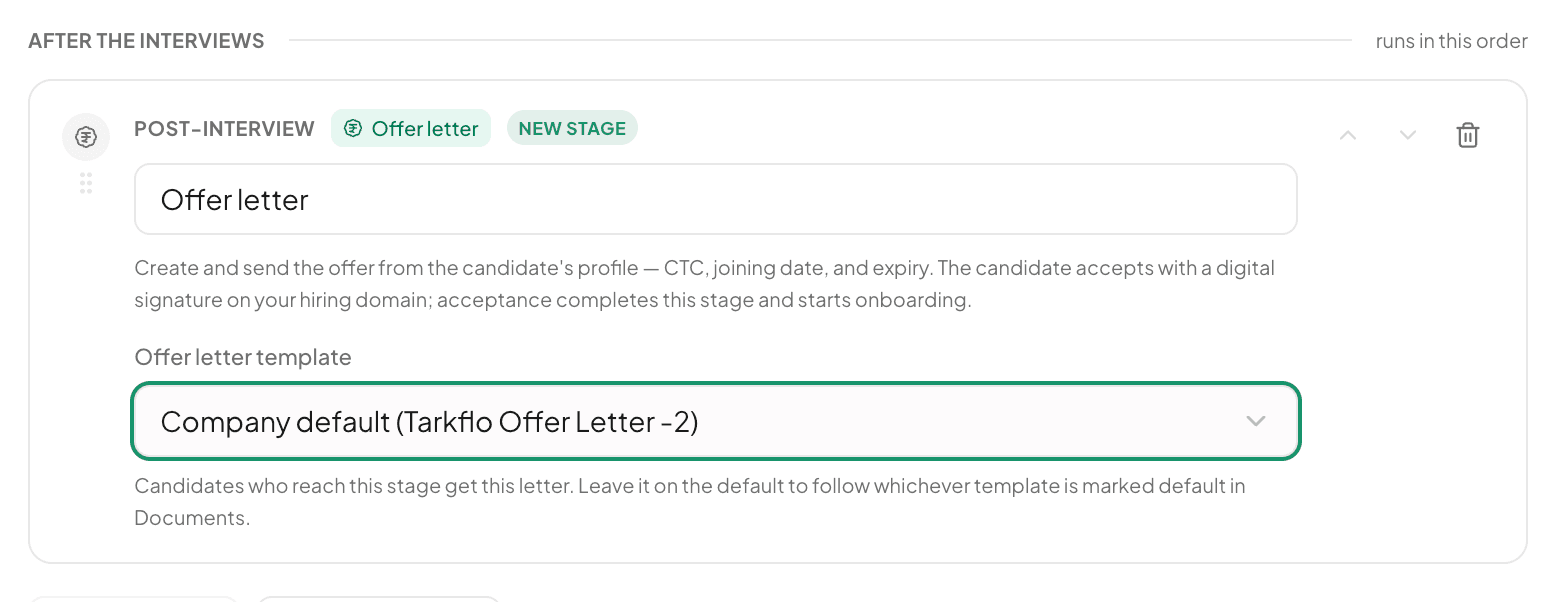 The new post-interview stage: Offer letter, with a template selector set to the company default letter