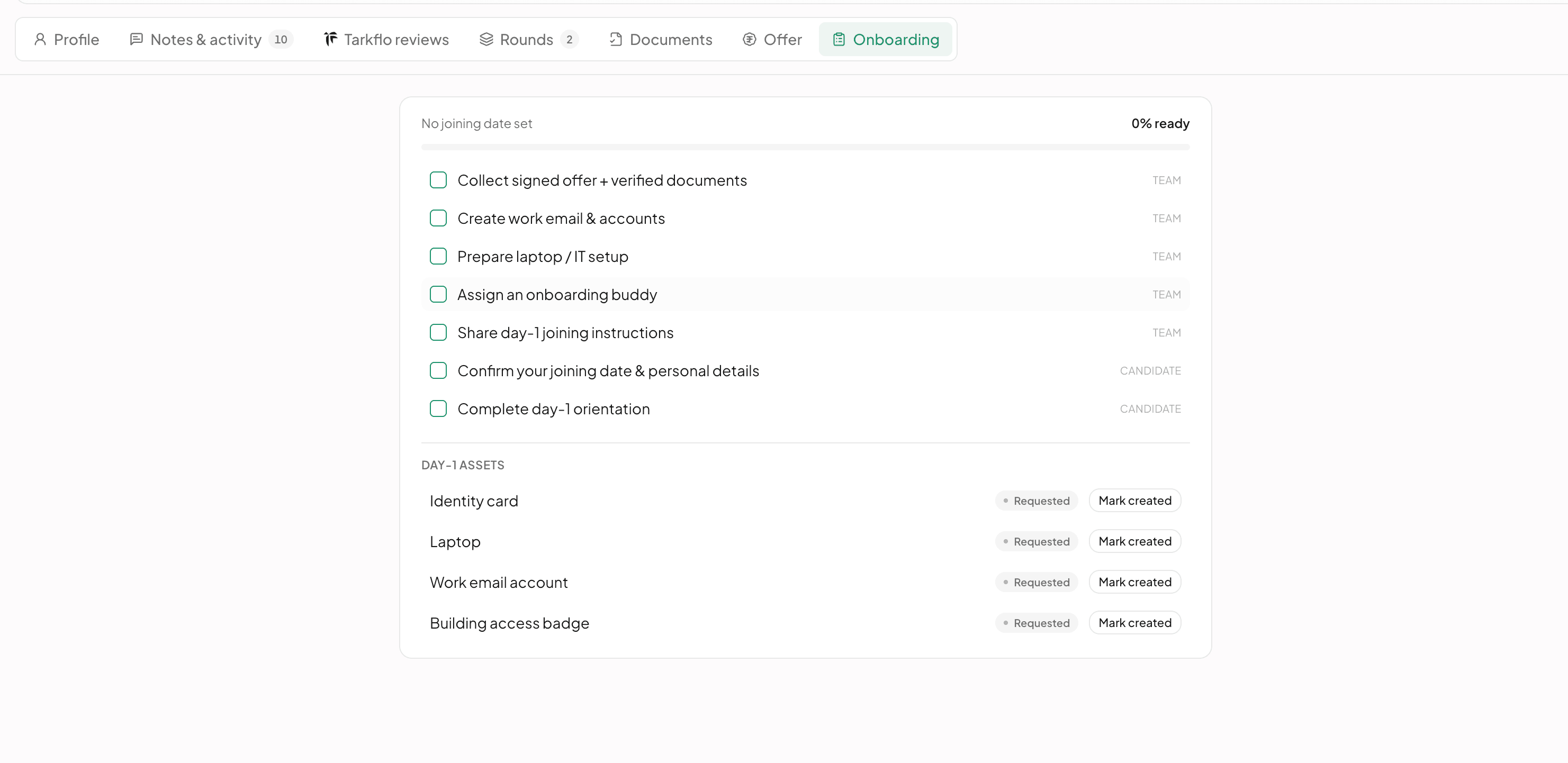 Candidate page, Onboarding tab: a readiness checklist (signed offer and documents, work email, laptop, buddy, day-1 instructions) split between team and candidate, and day-1 assets tracked from requested to created