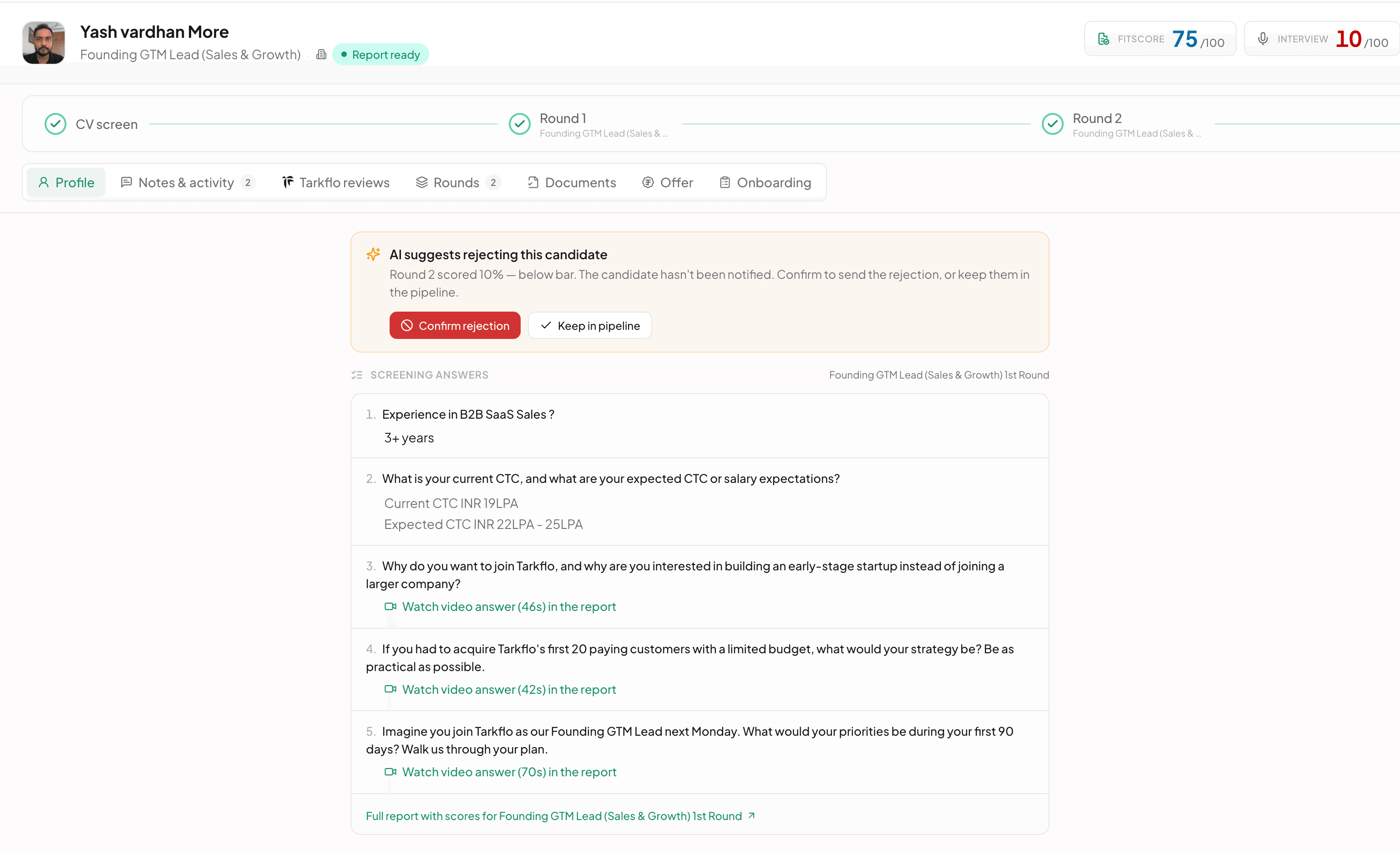 A candidate profile after round 2 scored below the bar: "AI suggests rejecting this candidate. The candidate hasn't been notified." with two buttons, Confirm rejection and Keep in pipeline, above the screening answers