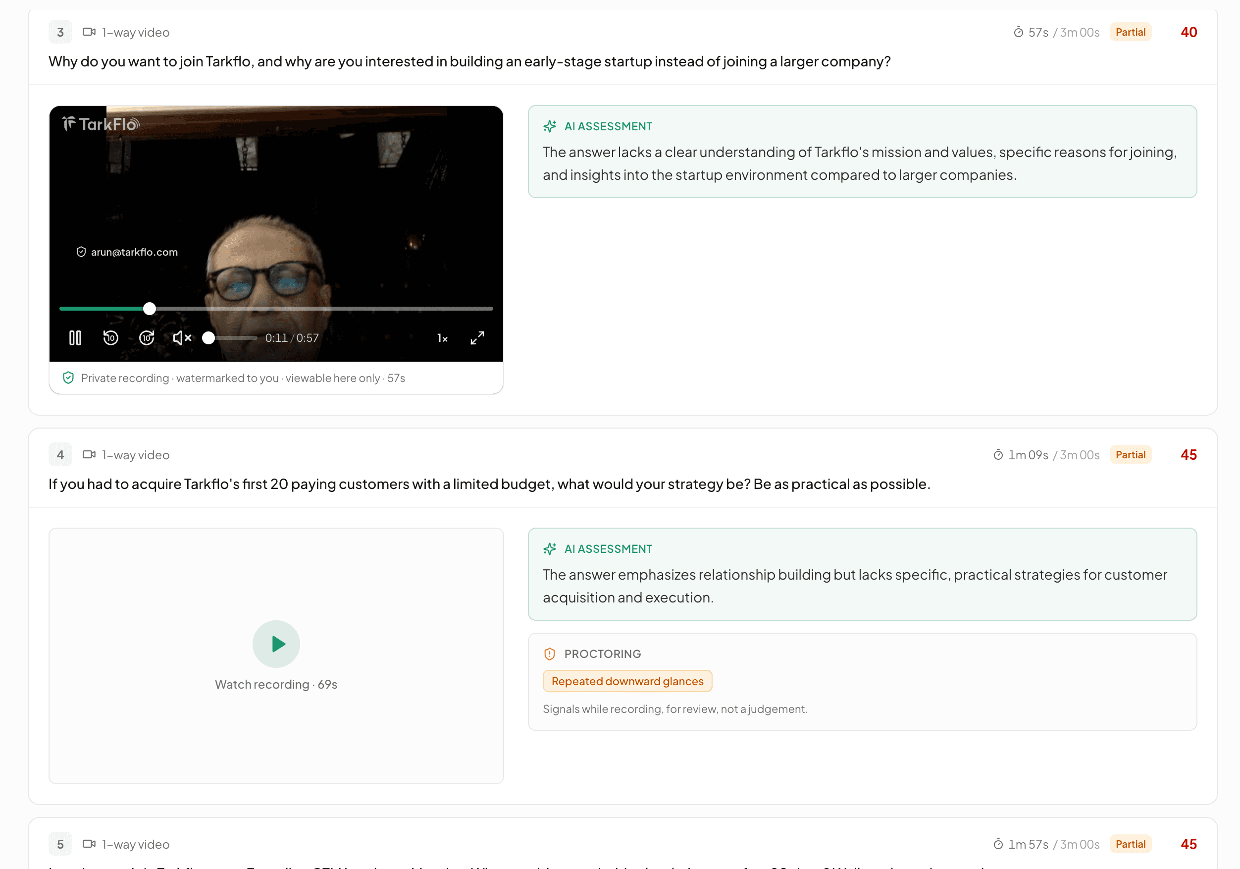 Questions 3 to 5 of the report, one-way video answers: the recording (private, watermarked), the AI assessment for each, and proctoring signals listed for review, not judgement