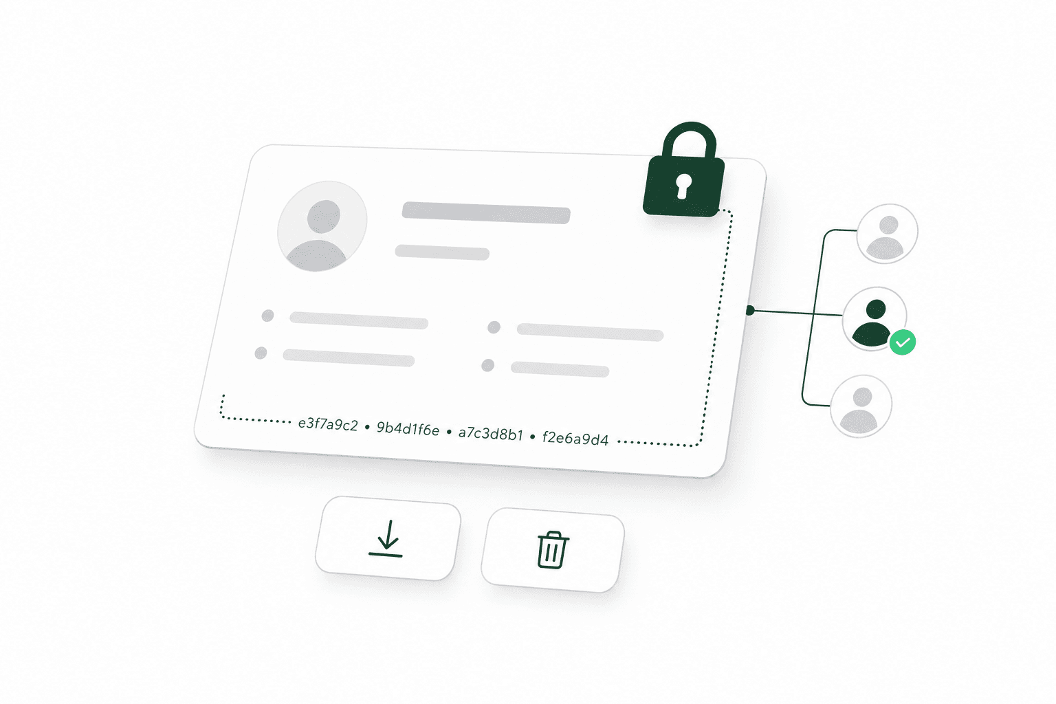 Illustration: a candidate record card with a padlock on its corner and a line of encrypted characters along its edge, connected to three people of whom one is checked as invited, with export and delete buttons beneath
