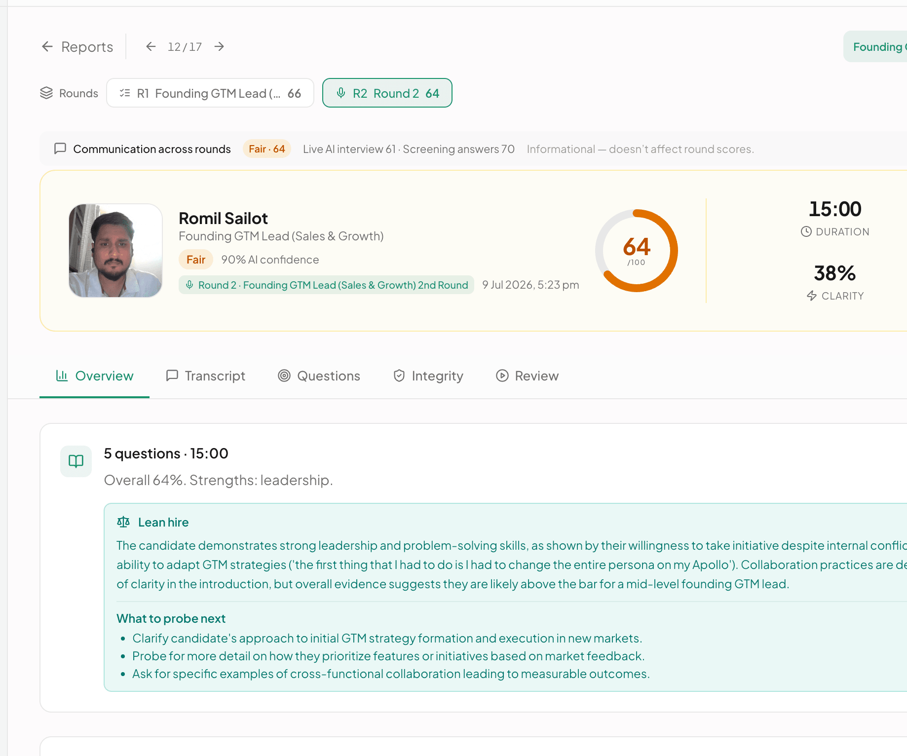 Interview report for Romil Sailot, Founding GTM Lead round 2: 64 of 100, 15:00 duration, with Overview, Transcript, Questions, Integrity and Review tabs