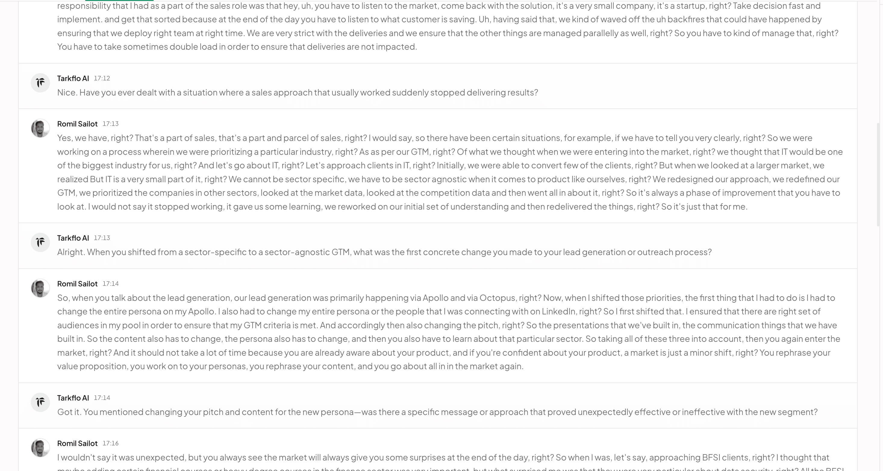 Further down the transcript: Tarkflo AI probes a sales approach that stopped working, and the shift from a sector-specific to a sector-agnostic go-to-market